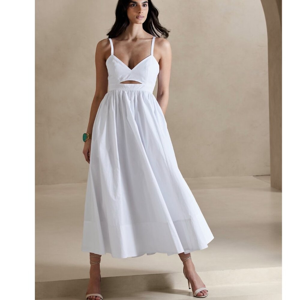 NWT!!! Banana Republic White Isa Cotton Poplin Cutout Flare Midi Tank Dress 6R